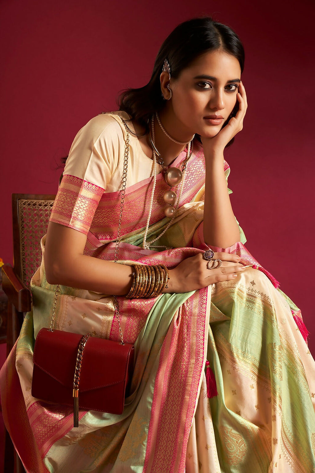 Joban Fashion Cream & Sea Green Plain With Weaving Border Banarasi Silk Sarees | Grocsy