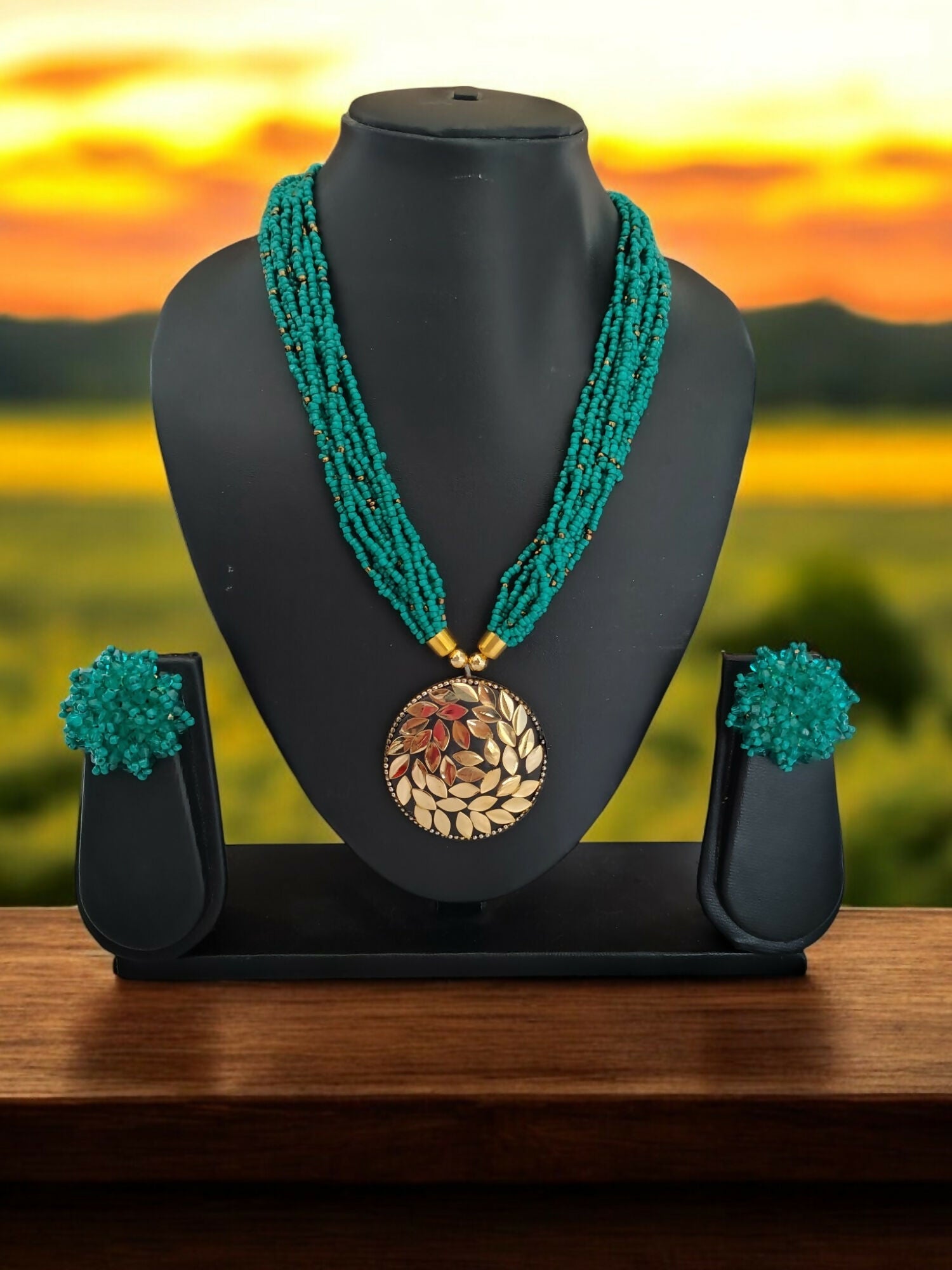 Inhanns All-Day Statement Beaded Necklace Set - Sea Green | Grocsy