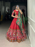 Vastranavya Navaratri Special Dola Silk Patola Print With Gamthi Work Lace Border Lehenga with Stitched Blouse - Red | Grocsy
