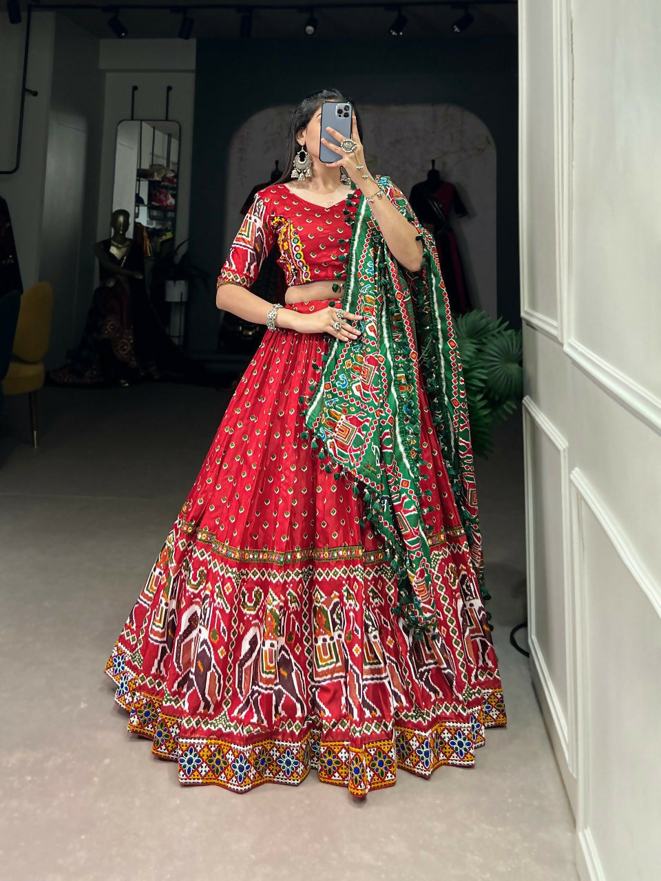 Vastranavya Navaratri Special Dola Silk Patola Print With Gamthi Work Lace Border Lehenga with Stitched Blouse - Red | Grocsy