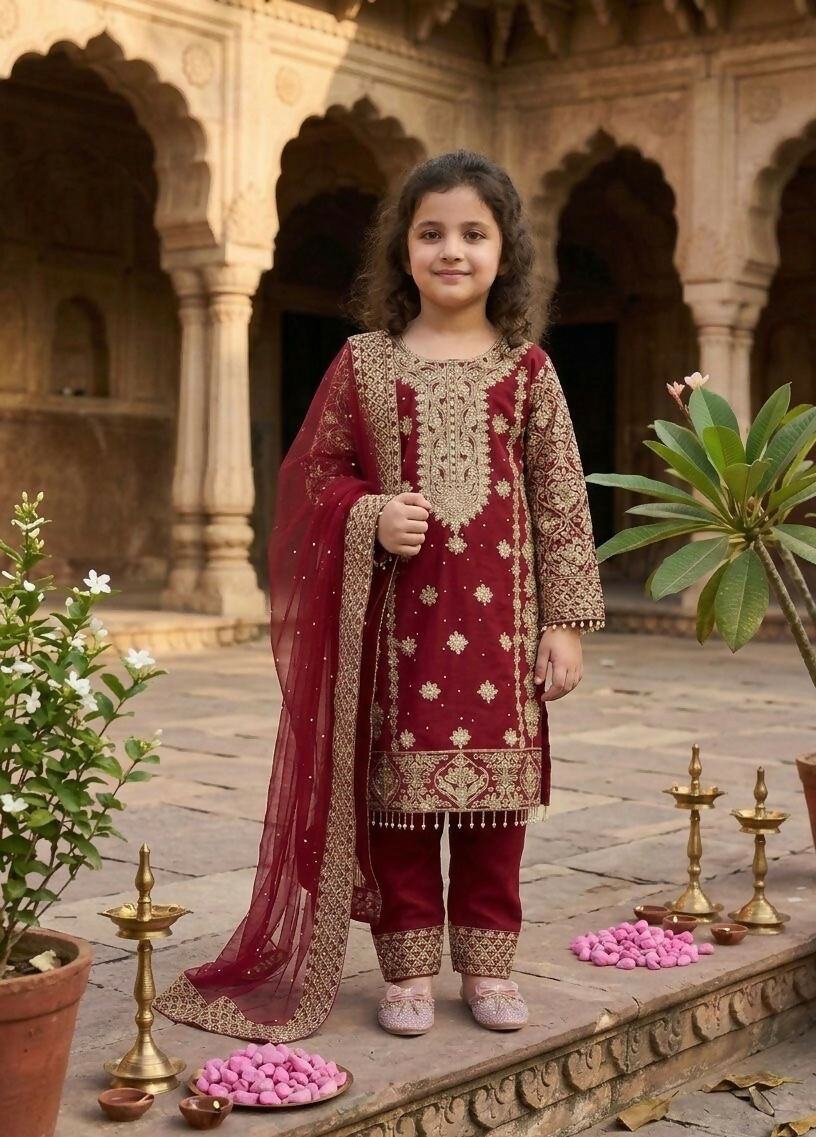 Teeya Creation New Kids Trendy stylish Rich Heavy Embroidery with Elegant Sequence Work Kurta Set-Red | Grocsy