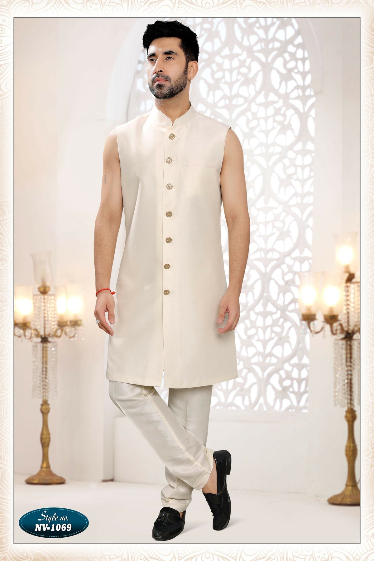 Joban Fashion Men's Cream Straight Malai Silk Thread And Sequence Embroidery All Over 3 Pc Kurta Set | Grocsy