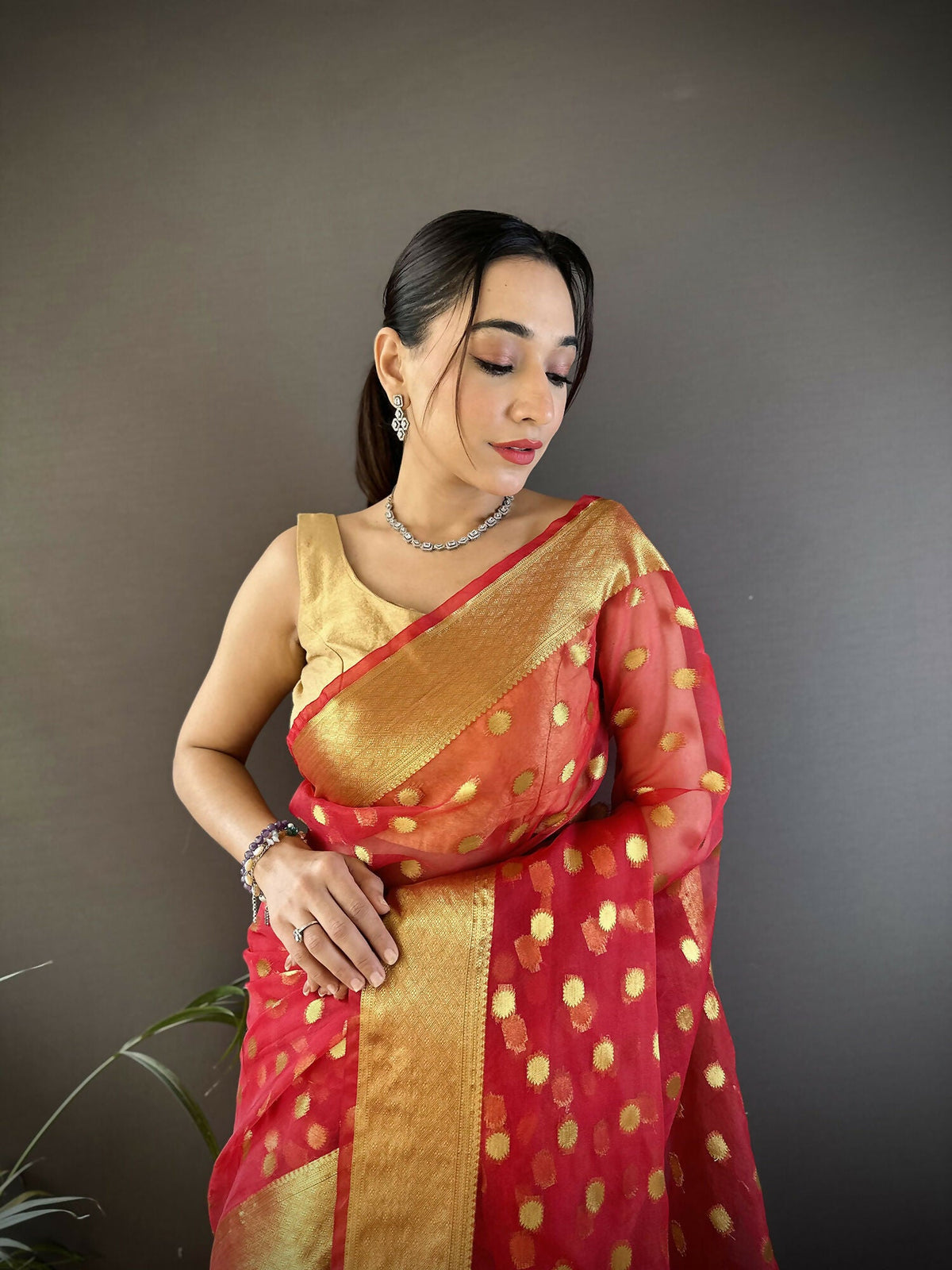 Joban Fashion Red Polka-Dot Zari Woven Organza Silk Banarasi Silk Saree | Grocsy