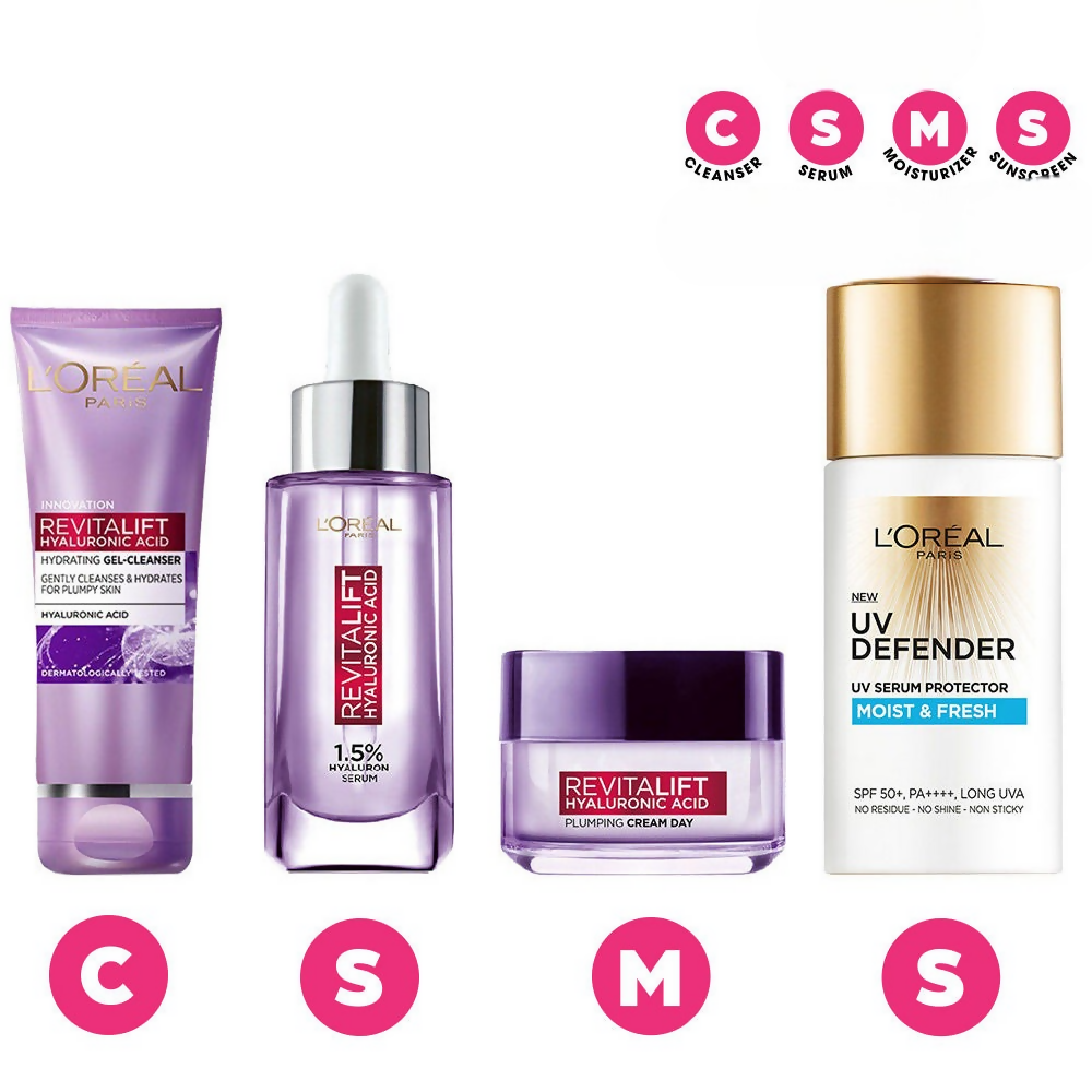 L'Oreal Paris Hyaluronic Acid Hydrating And Protecting CSMS (Cleanser, Serum, Moisturizer, Sunscreen) Regime Kit | Grocsy