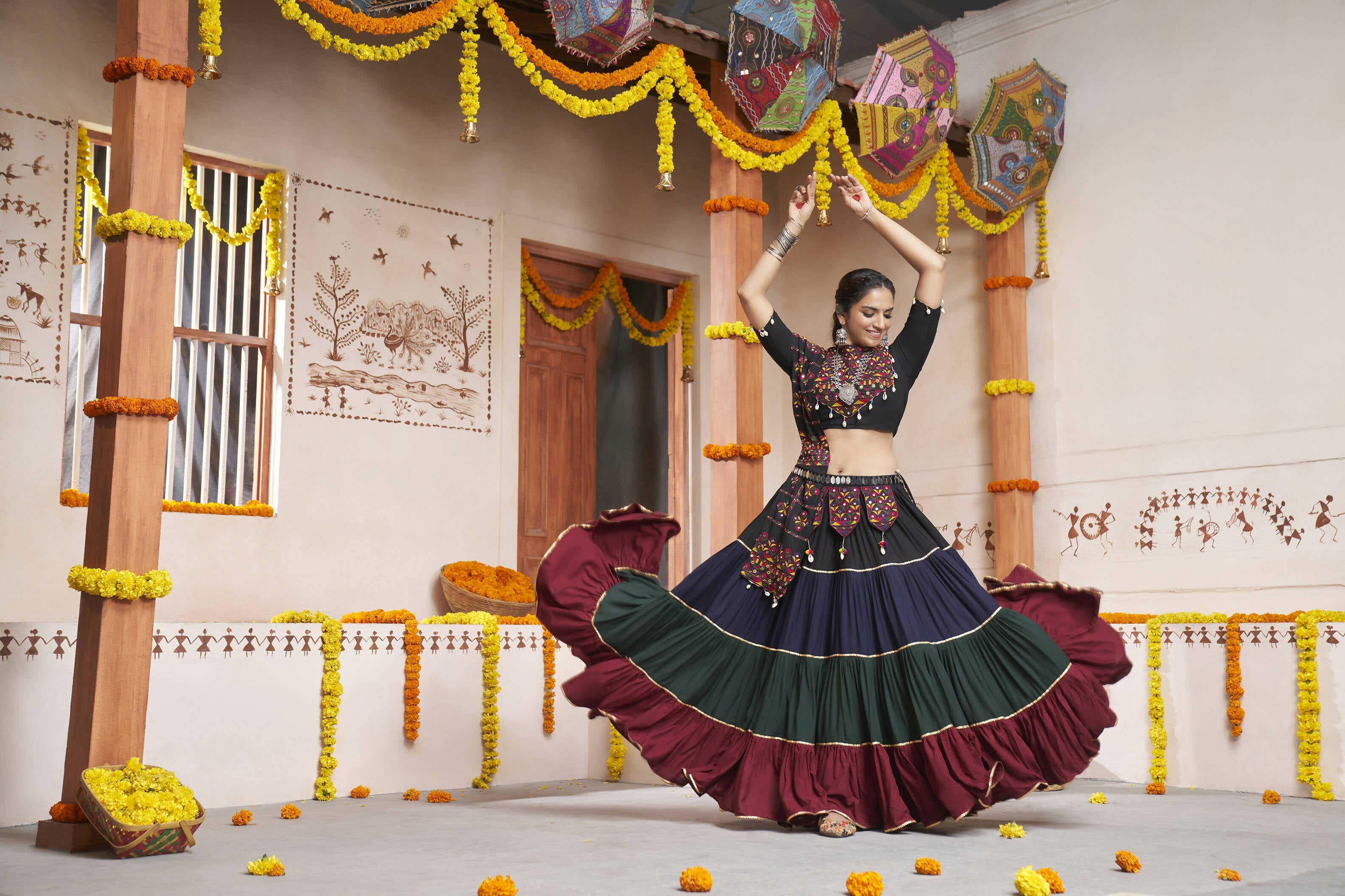 Multi Color Viscose Rayon Thread Embroidery with mirror work Navratri Lehenga Choli with Dupatta - Raas | Grocsy