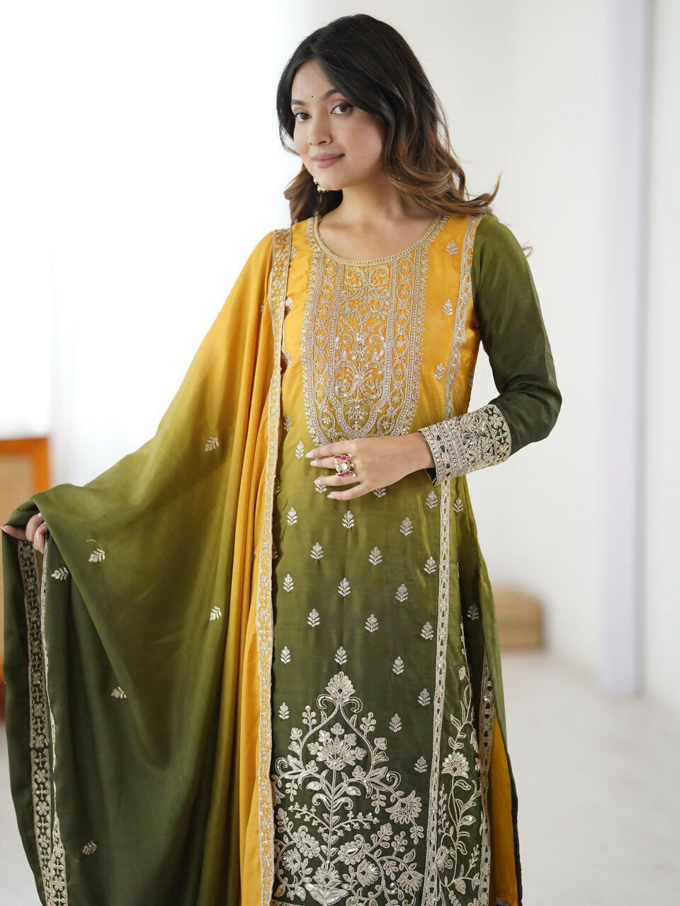 The52 Women's Gorgeous Chinon silk Fabric Embroidery Work Straight Kurta Palazzo and Dupatta Set | Grocsy