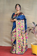 Jyoti Fashion Women's Navy Blue Paithani Silk Zari Woven Saree with Blouse | Grocsy