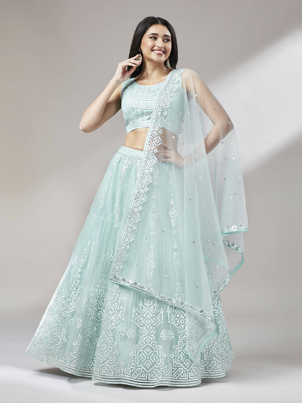 House of Panchhi Turquoise Blue Net Gotapatti Work Lehenga & Blouse, Dupatta | Grocsy