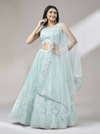 House of Panchhi Turquoise Blue Net Gotapatti Work Lehenga & Blouse, Dupatta | Grocsy