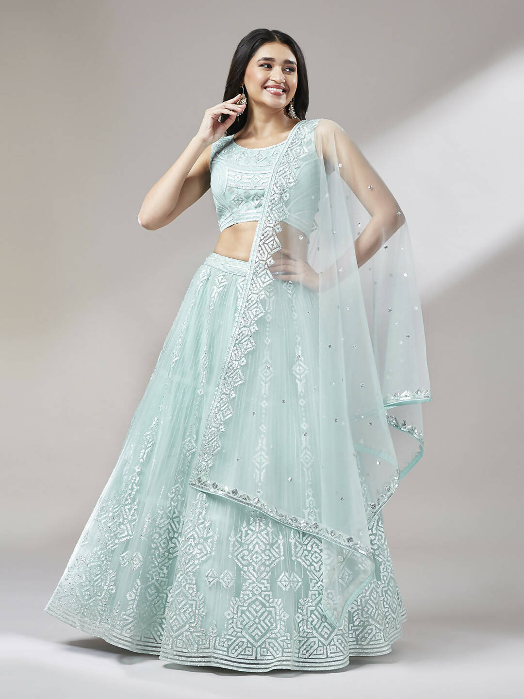 House of Panchhi Turquoise Blue Net Gotapatti Work Lehenga & Blouse, Dupatta | Grocsy