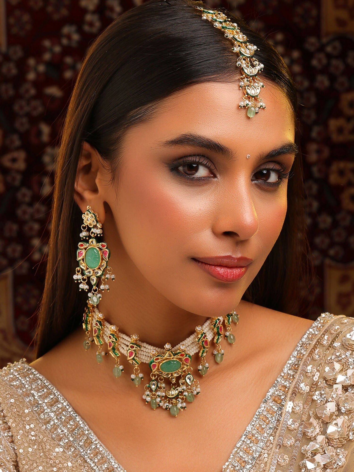 Ruby Raang Rajkumari Necklace With Earrings And Maang Tikka | Grocsy