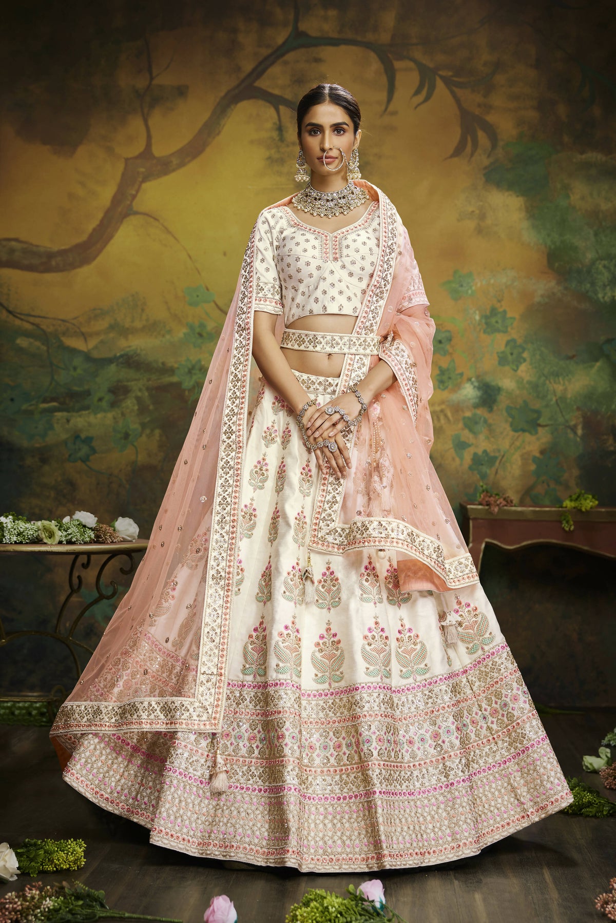 House of Panchhi Off White Pure Silk Moti & Zarkan heavy embroidery Lehenga choli & Dupatta | Grocsy
