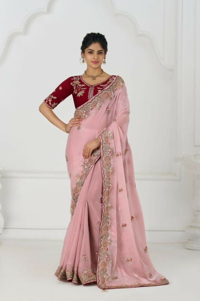Kesar Fab Graceful Pink Zari And Sequins On Rich Fendi Silk Saree | Grocsy