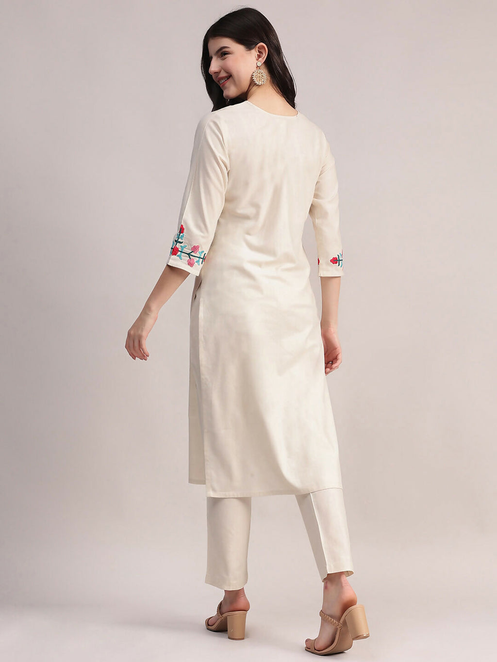 Aavyora Women's Off-White Embroidered Cotton Flex Co-Ord Set | Grocsy