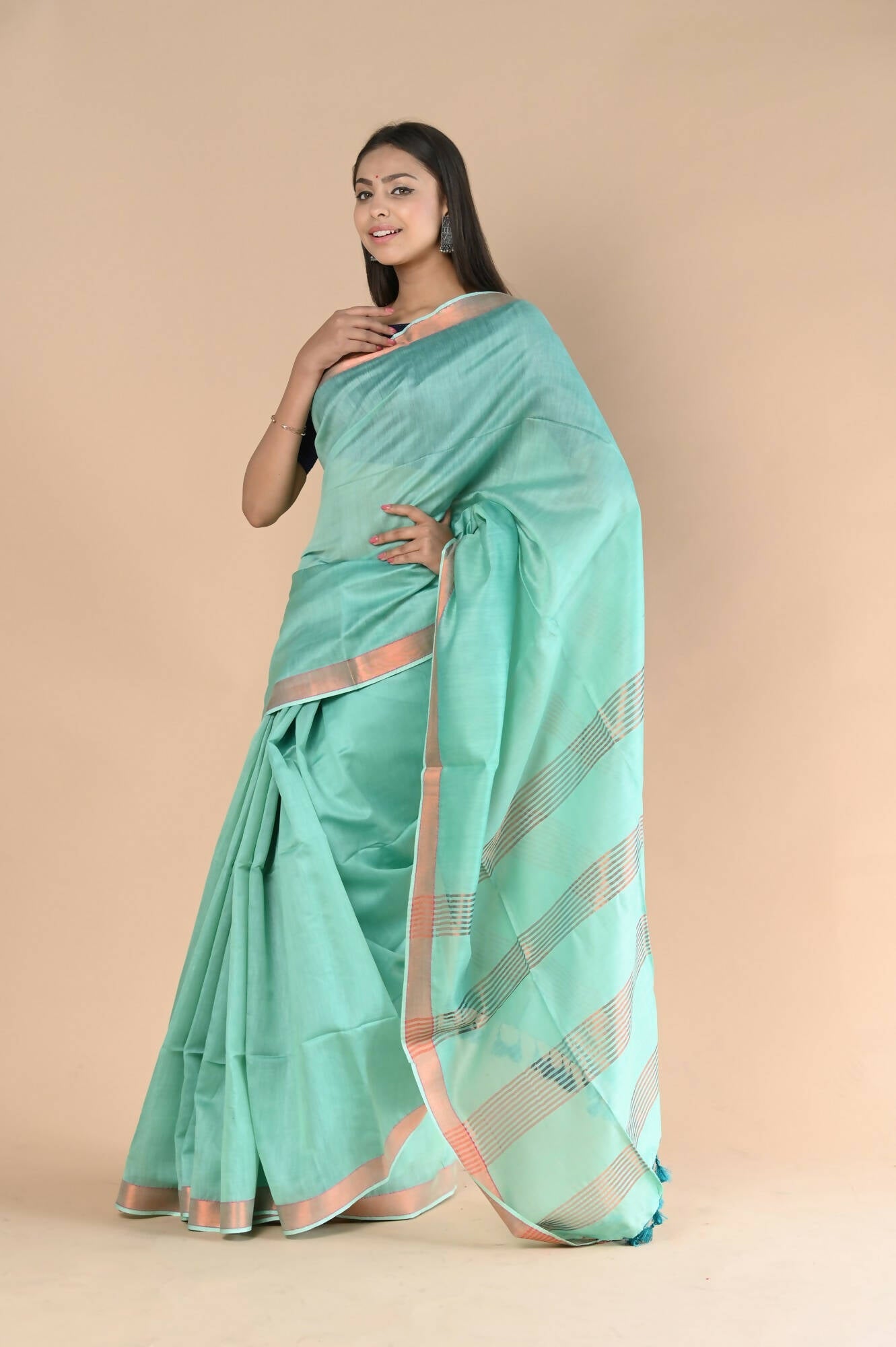 Very Much Indian Handloom Cotton Silk Maheshwari Saree With Sleek Golden Border - Teal Green | Grocsy