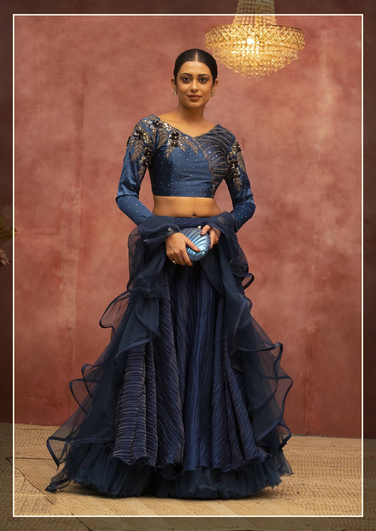 Blue Net, Fancy Lycra Semi-Stitched Bridal Lehenga - Nimaya Bonanza | Grocsy