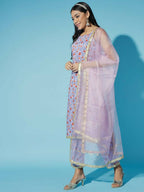 Myshka Women Printed Lavender Kurta & Trousers With Dupatta | Grocsy
