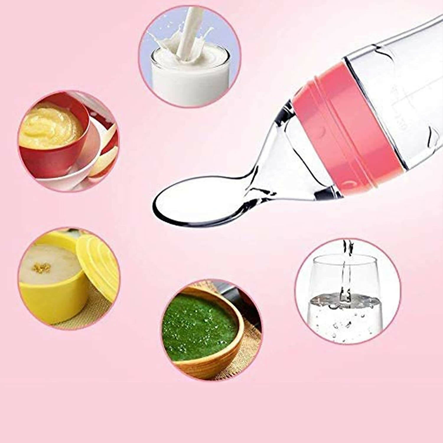 Safe-O-Kid Easy Squeezy Silicone Food Feeder Spoon (Soft Tip) Bottle- Pink- 90mL | Grocsy