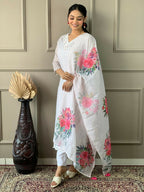 Partywear Designer Linen Cotton with cotton lining Offwhite Stitched Suit With Dupatta - Tanisha | Grocsy