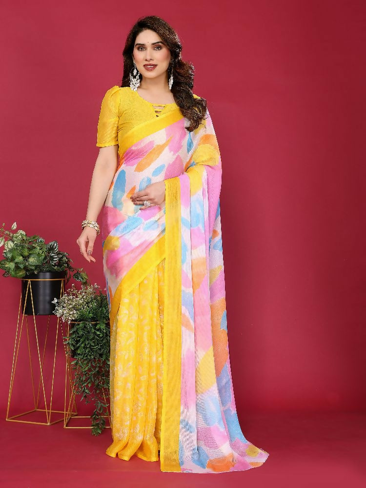 PR Fashion Yellow Moss Chiffon Printed Saree | Grocsy
