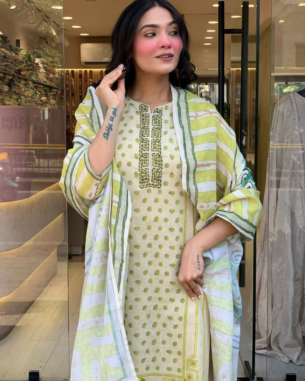 The52 Multi Women's Gorgeous Linen Silk Fabric Embroidered Work Straight Kurta Pant and Dupatta Set | Grocsy