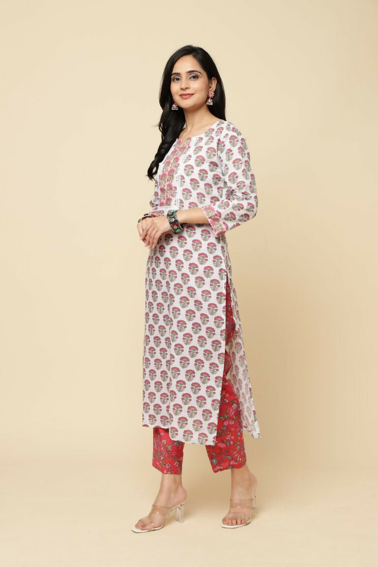 Designer Stylish Red Cotton Blend Stitched Suit With Dupatta - Tanisha | Grocsy