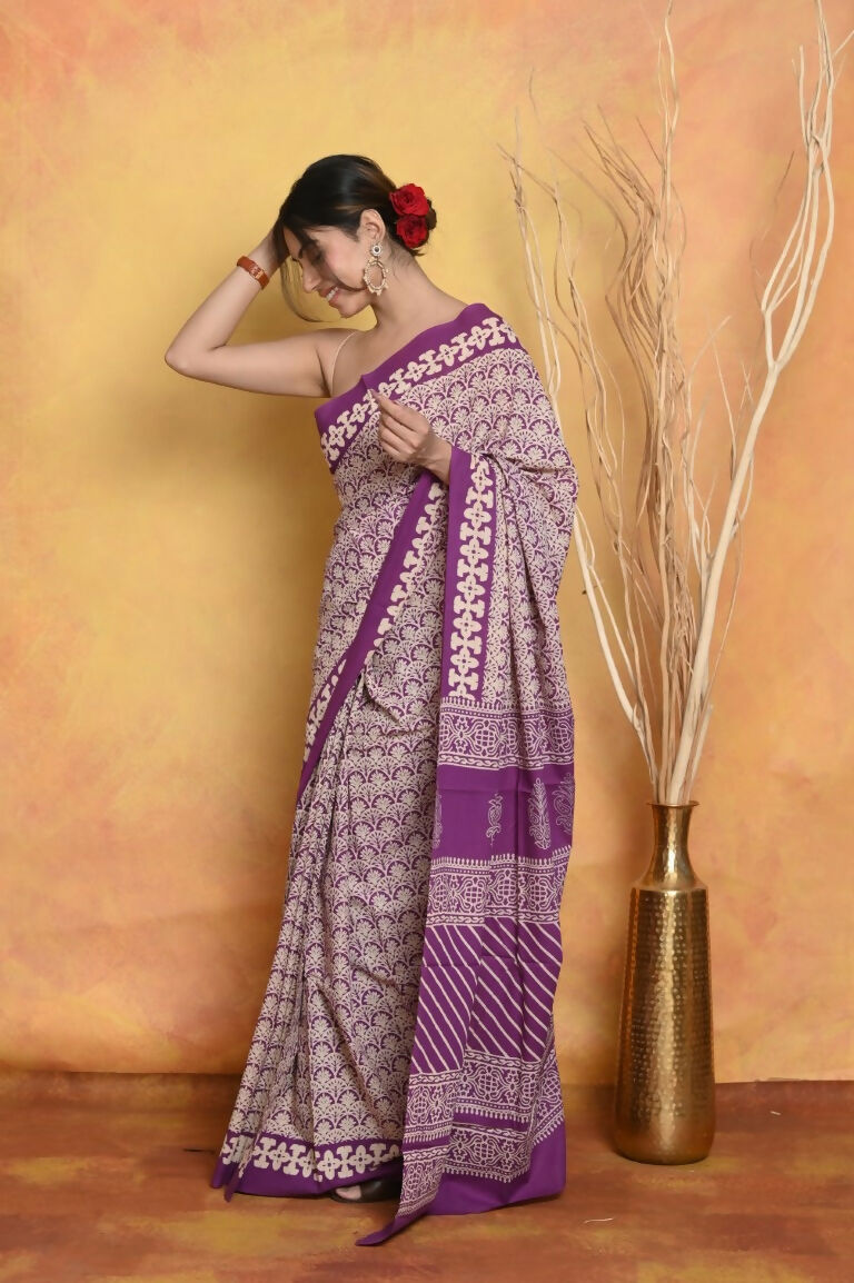 Very Much Indian Handblock Printed Cotton Saree With Natural Dyes - White | Grocsy
