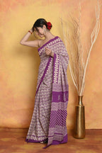 Very Much Indian Handblock Printed Cotton Saree With Natural Dyes - White | Grocsy