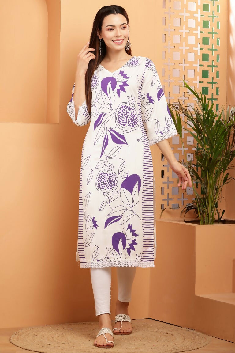 Cheera Women Stylish Hand Block Printed Cotton Blend Flared Kurta - Off White | Grocsy