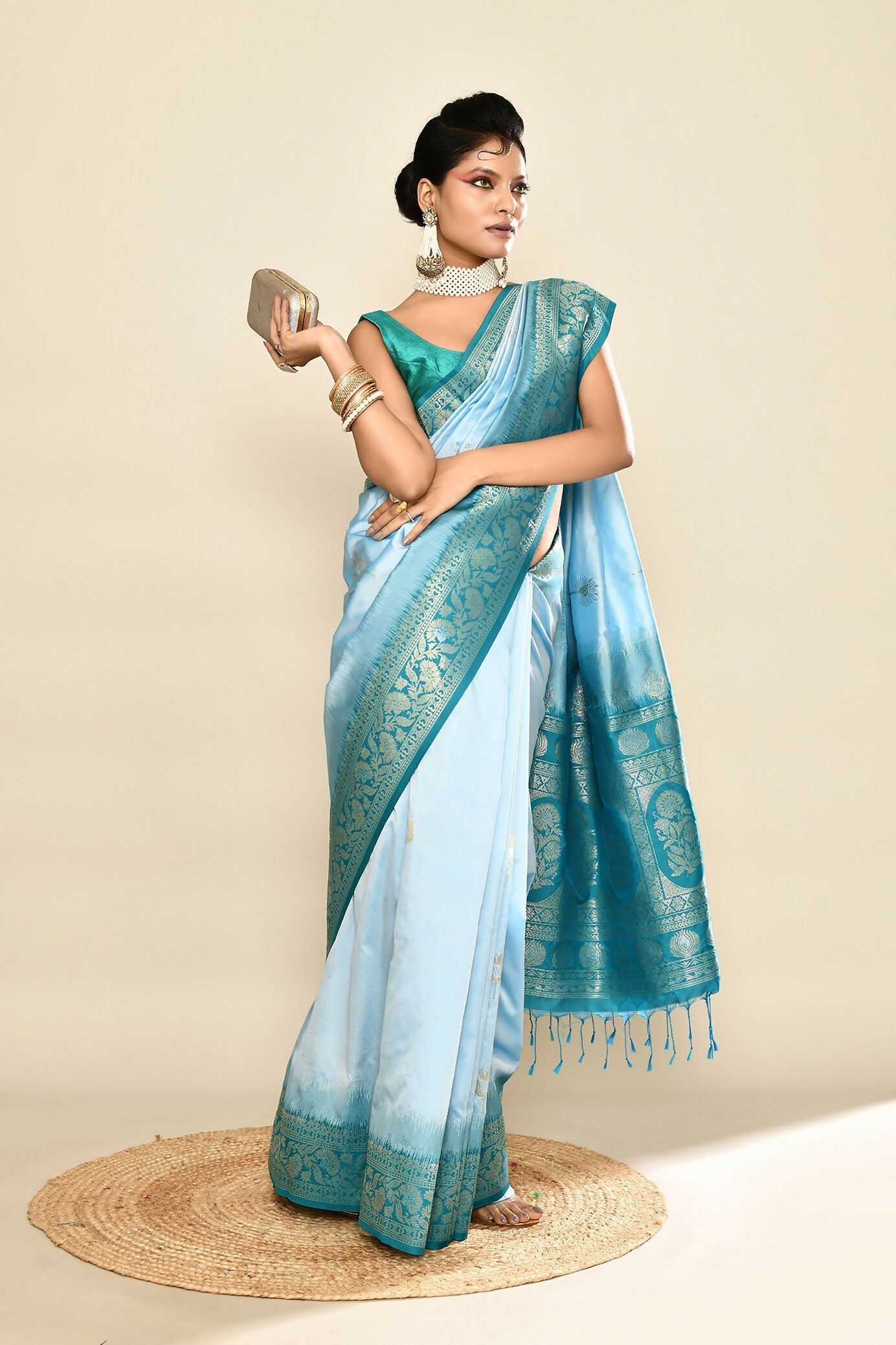Joban Fashion Sky Blue & Rama Plain With Weaving Border Banarasi Silk Sarees | Grocsy
