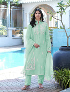 Nikhaar Light Green Embroidered Modal Silk Stitched Straight Cut Kurta Pants Dupatta Readymade Suit | Grocsy