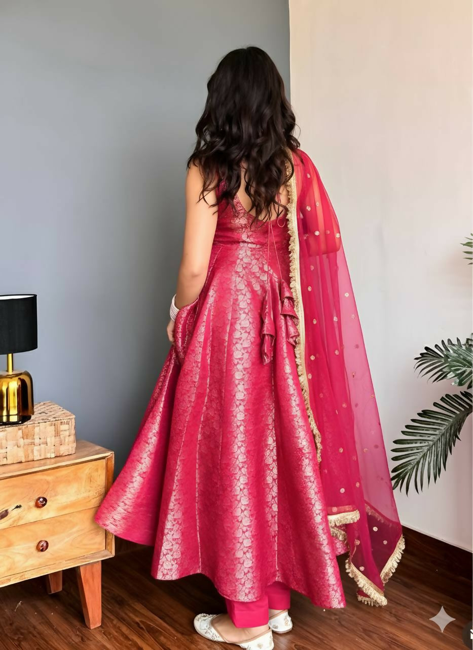 Lehenga Mart Designer Anarkali Suit With Kurta Bottom Dupatta For Women-Pink | Grocsy
