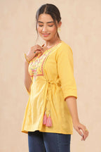 Juniper Women Yellow Cotton Dobby Embroidered A-Line Tunic | Grocsy