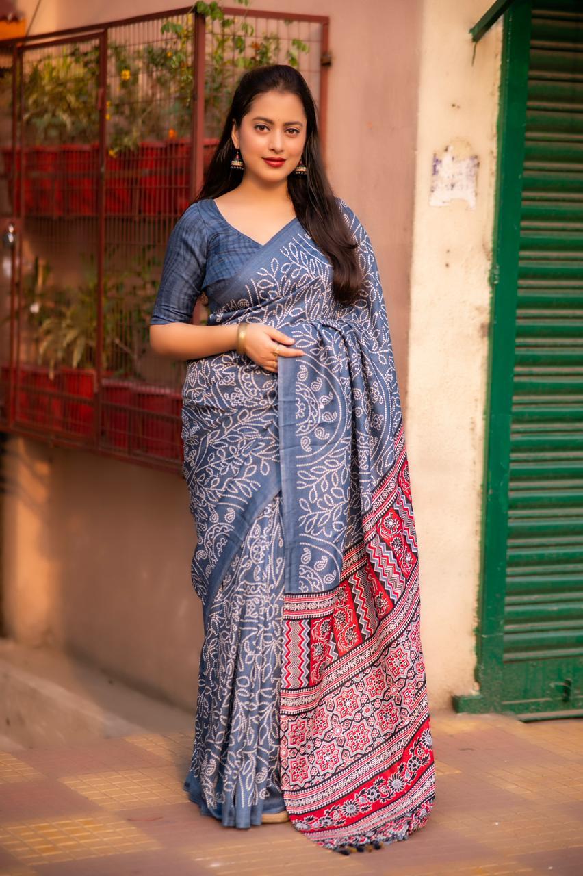 Grey Silk Blend Ajrak Saree with Unstitched Blouse - Hiral Fashion | Grocsy