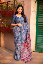 Grey Silk Blend Ajrak Saree with Unstitched Blouse - Hiral Fashion | Grocsy