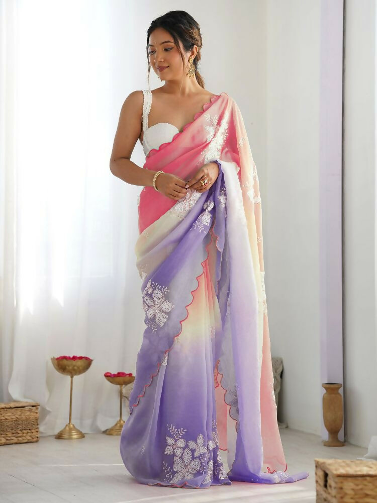 PR Fashion Peach Lavender Gold Crush Embroidery Work Saree | Grocsy