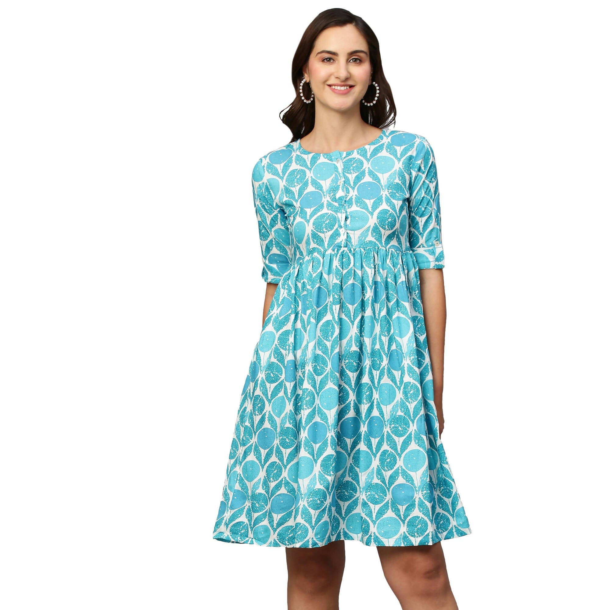 Blue & White Ethnic Motifs Printed Cotton A-Line Dress - Poonam | Grocsy
