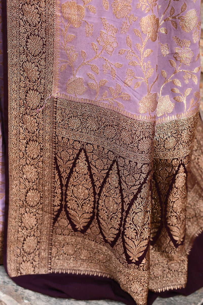 Joban Fashion Nude Pink Crepe Chiffon Pure Handloom Banarasi Silk Saree | Grocsy
