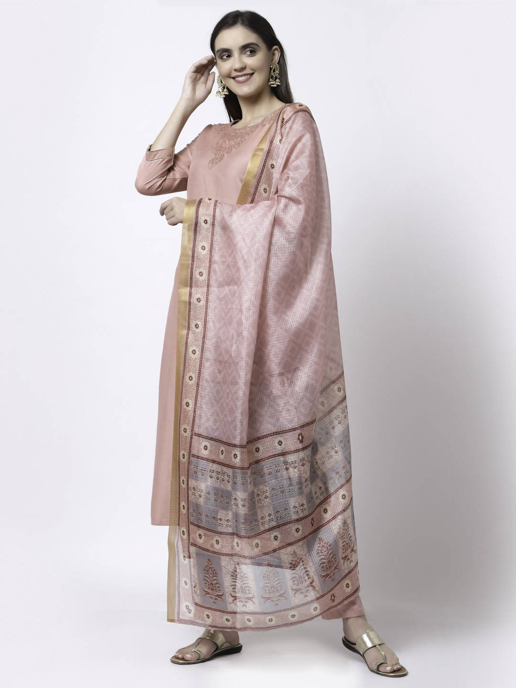 Myshka Women Peach Silk Blend Embroidered 3/4 Sleeve Round Neck Kurta Pant Dupatta Set | Grocsy