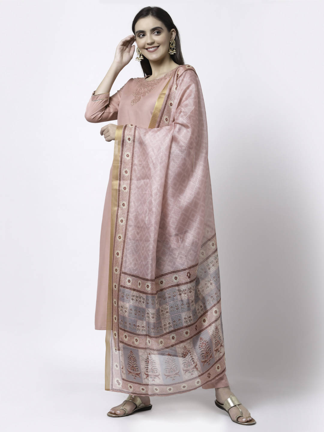 Myshka Women Peach Silk Blend Embroidered 3/4 Sleeve Round Neck Kurta Pant Dupatta Set | Grocsy
