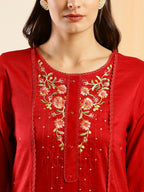 Red Chinon Embroidered Straight Kurta with Trouser & Dupatta - Salimar | Grocsy