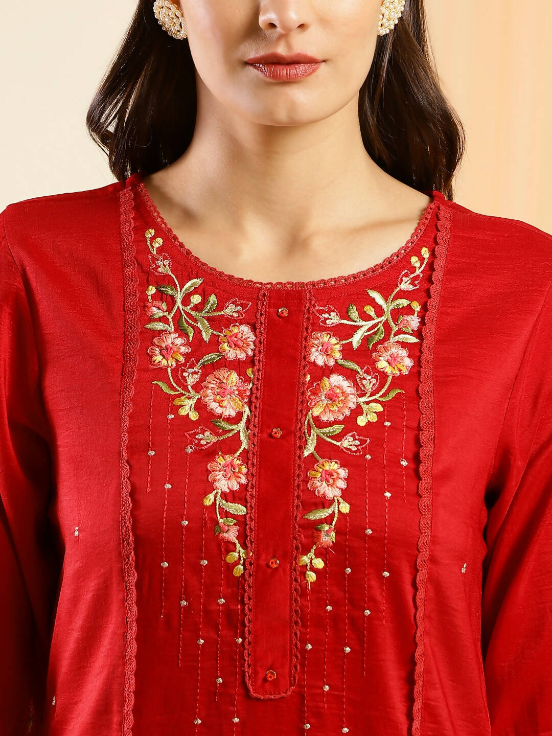 Red Chinon Embroidered Straight Kurta with Trouser & Dupatta - Salimar | Grocsy