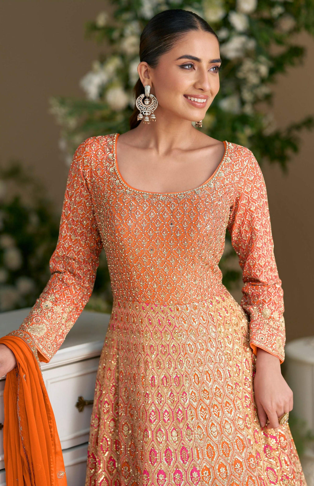 Anaita Orange Georgette Readymade Anarkali Suit with Embroidery Zarkan Work (Free Size) | Grocsy