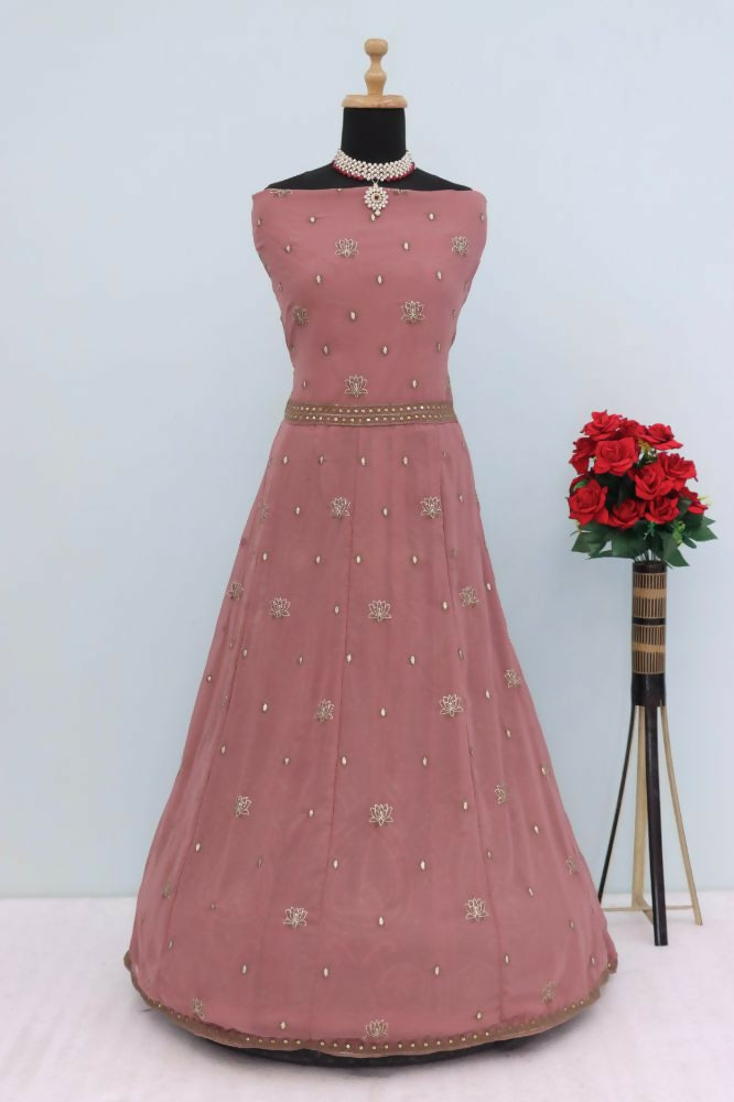 Vastranavya Peach Georgette Embroidered Sequins Work Anarkali Style A Line Suits | Grocsy