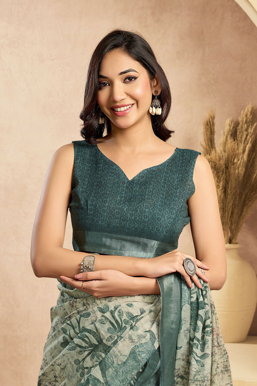 Vastranavya Digital Printed Linen Ready To Wear Designer Saree with Unstitched Blouse | Grocsy