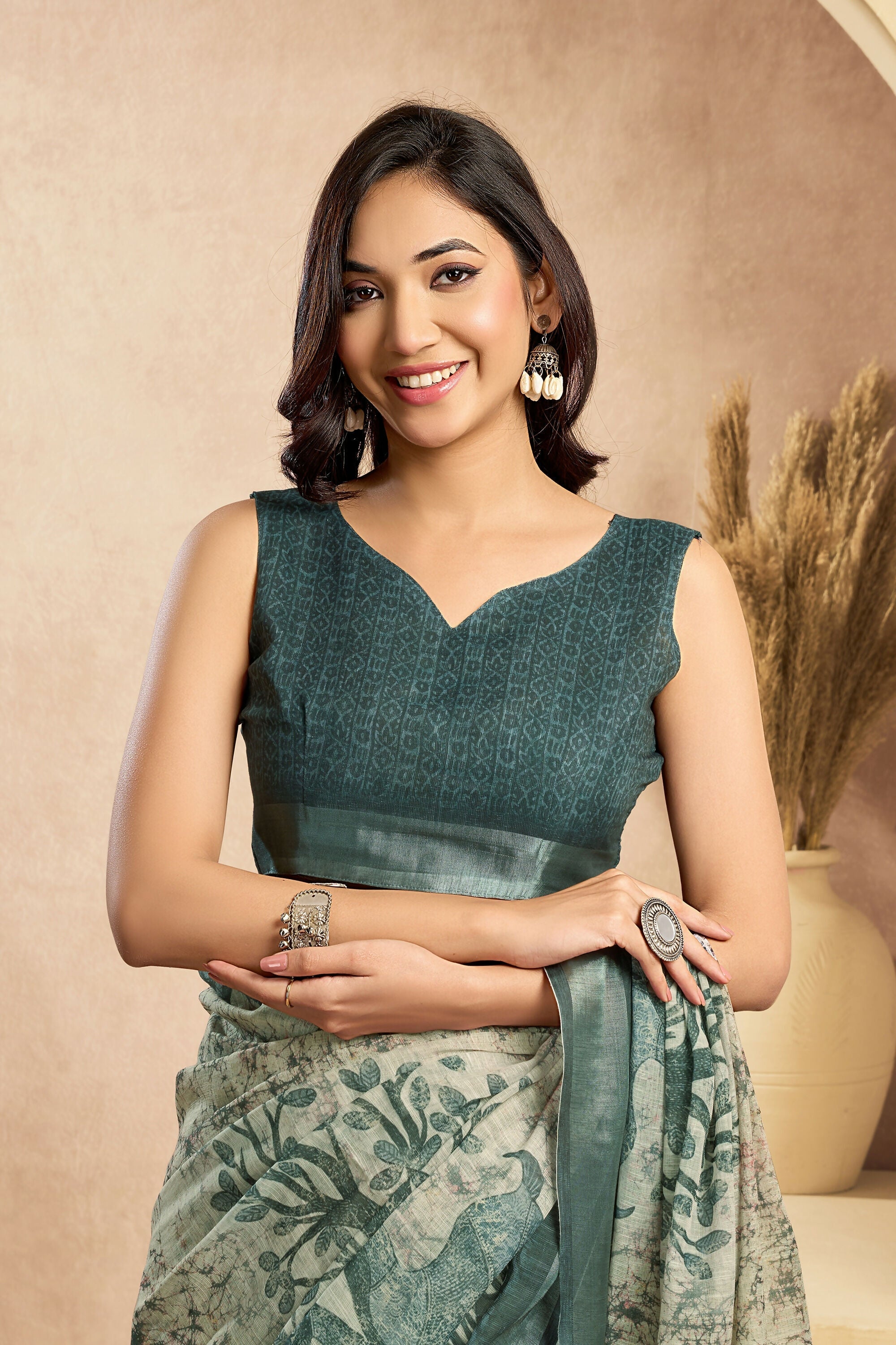 Vastranavya Digital Printed Linen Ready To Wear Designer Saree with Unstitched Blouse | Grocsy