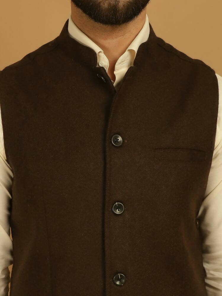 Even Apparels Pure Wool Nehru Jacket - Brown | Grocsy