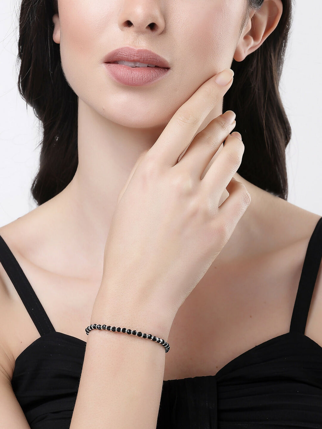 NVR Women Silver-Toned Black Brass Rhodium-Plated Link Bracelet
