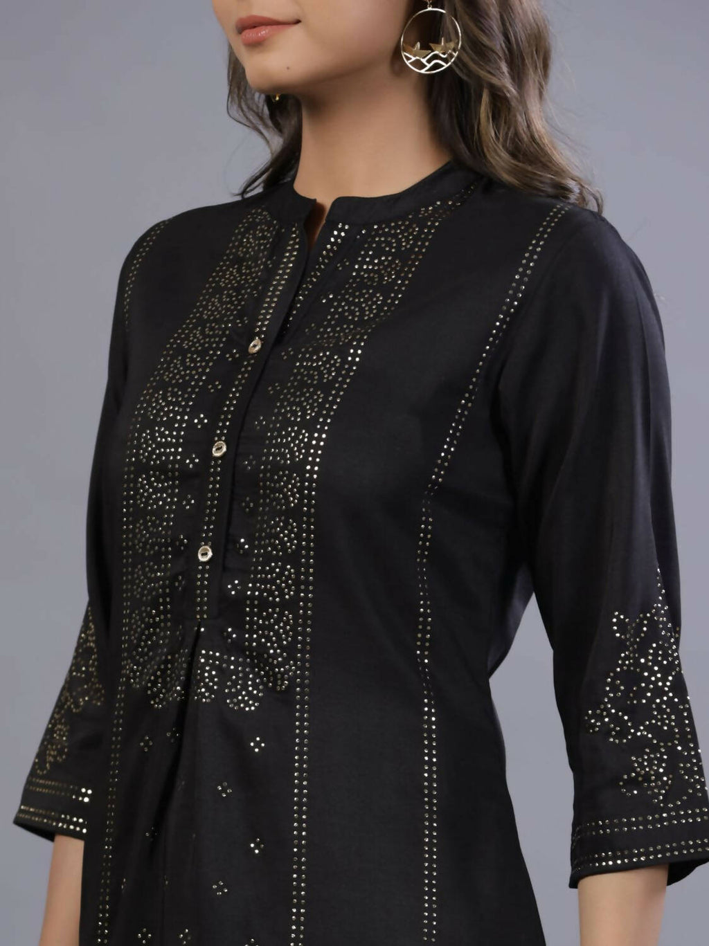 Juniper Women Black Chinon Silk Mukesh Work Straight Tunic | Grocsy