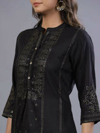 Juniper Women Black Chinon Silk Mukesh Work Straight Tunic | Grocsy